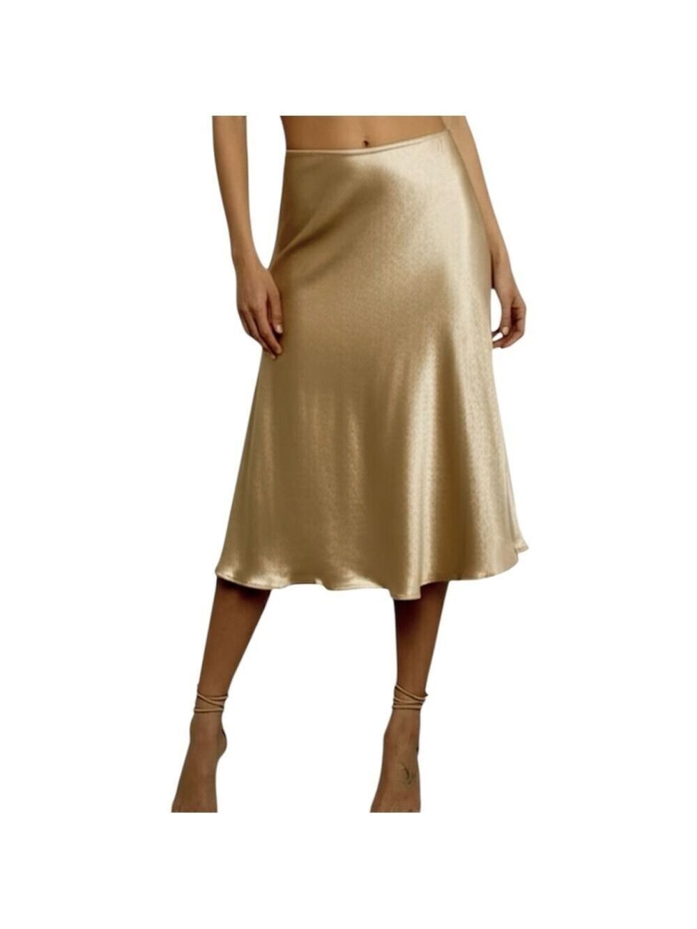 Classic old money quiet luxury tan bias cut crinkly satin pull on midi skirt